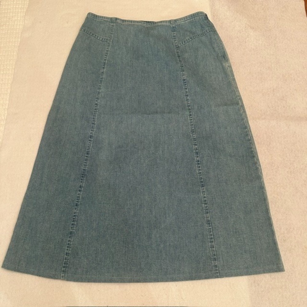 Vintage Orvis Denim A Line Skirt Light Wash Blue Petite Size 12P Midi Cotton